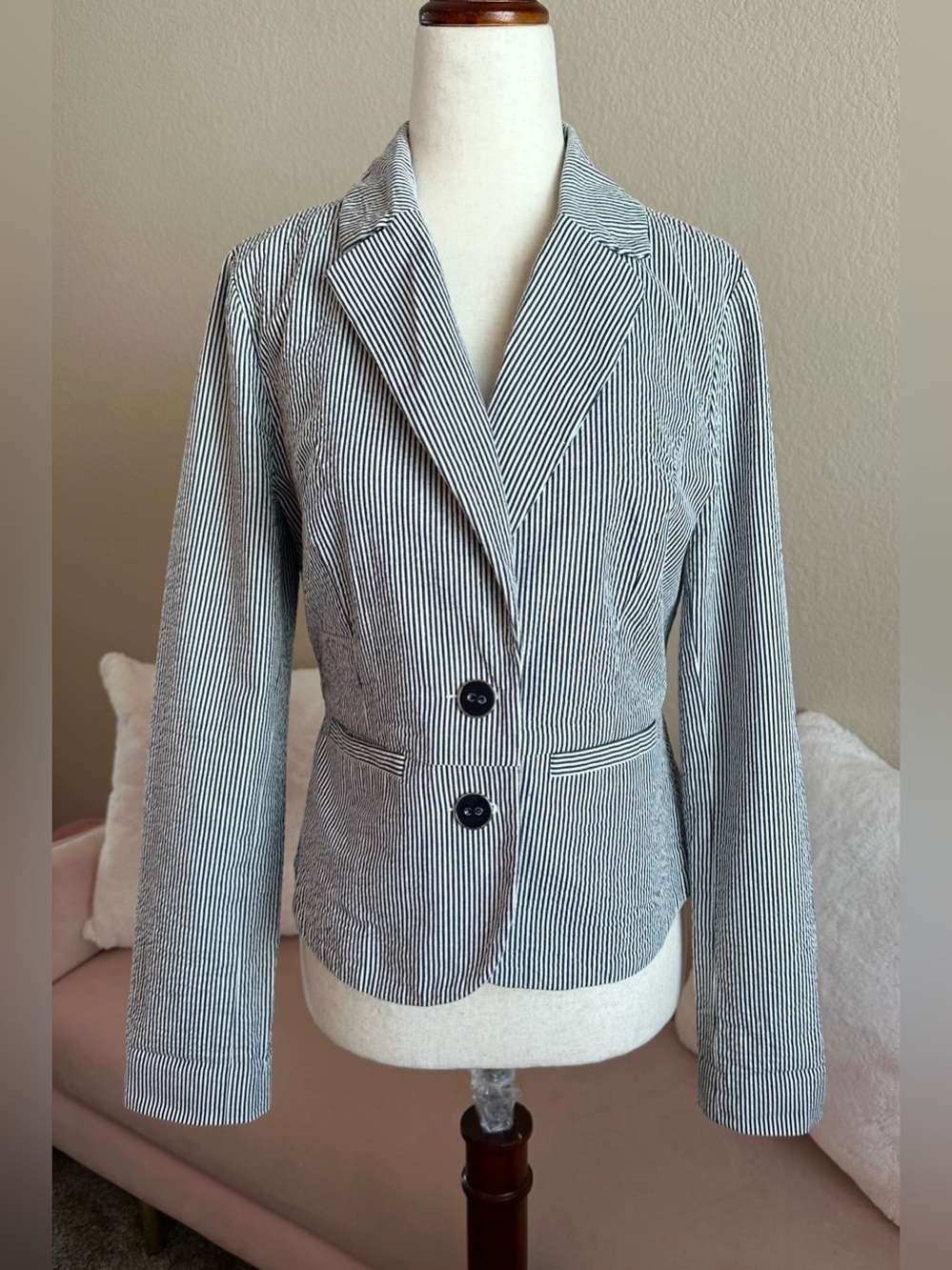 VTG Sandro Blazer Women's Blue & White Cotton Striped Seersucker Jacket Size S